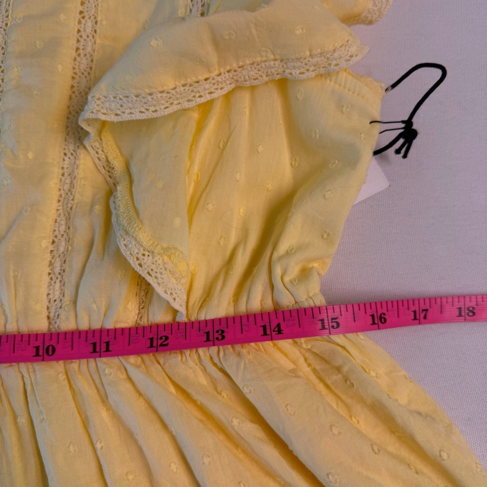 Japna Butter Yellow Swiss Dot Ruffled Cap Sleeve Lace Trim Tiered Mini Dress L - Picture 12 of 14